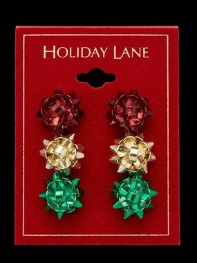 Holiday Lane Red-Green-Gold Bow Style Earrings - NWT